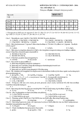 Kiểm tra chương 1, 2 năm học 2015  2016 môn Hóa học 12 thời gian 45 phút